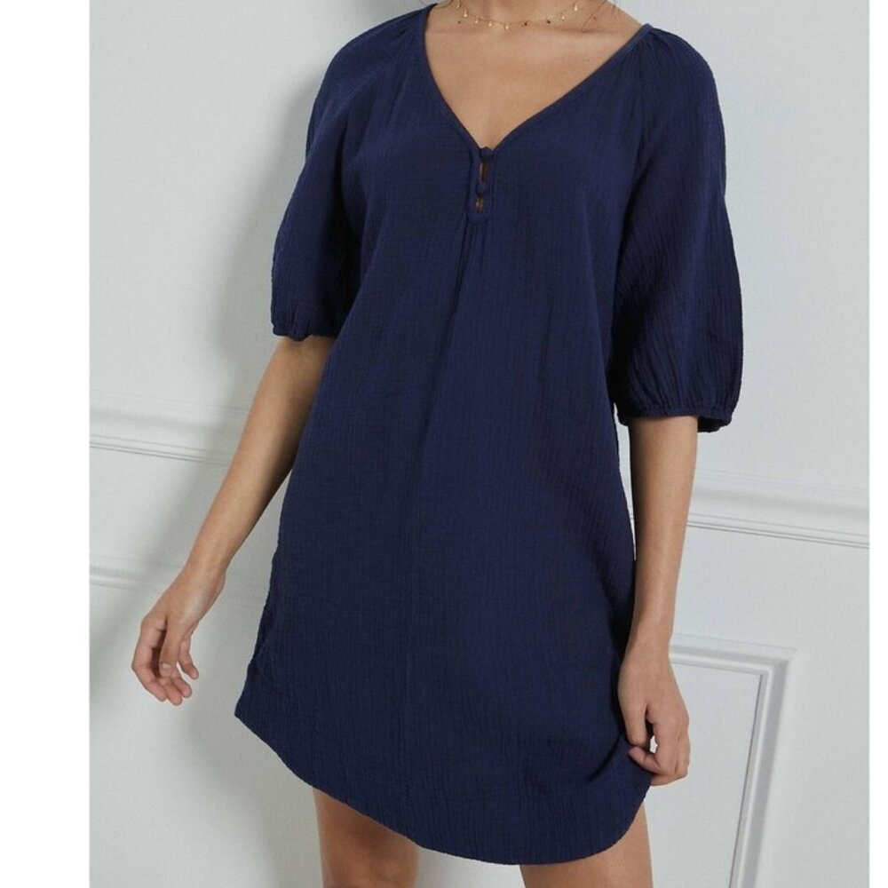 BY ANTHROPOLOGIE royal blue puff sleeve cotton mini dress